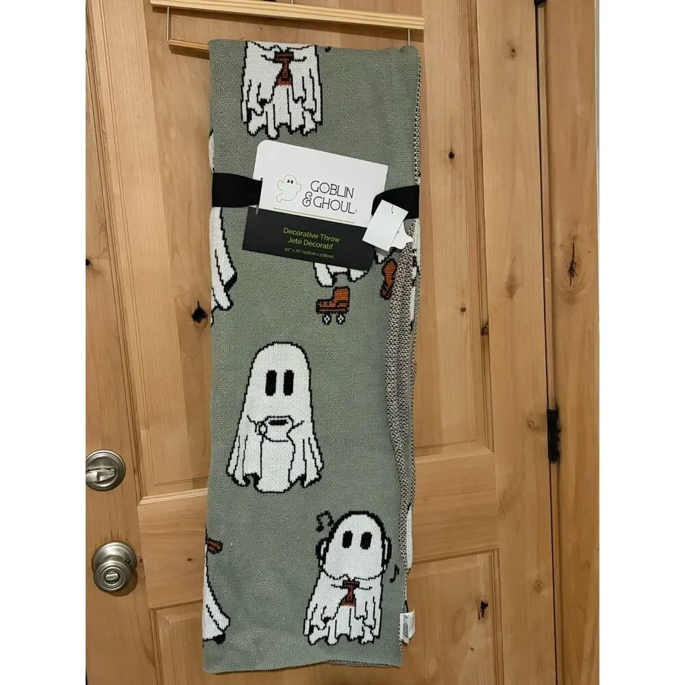 Goblin & Ghoul Halloween Knit Throw Blanket Sage Green 50